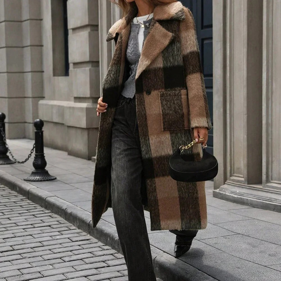 Multicolor Casual Women's Plaid Lapel Wool Blend Long Sleeve Cardigan Coat - Picture 3 of 8